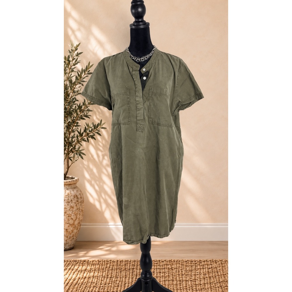 J.Crew Olive Green Lyocell Cotton Utility Shift Dress XL Short Sleeve Pocket